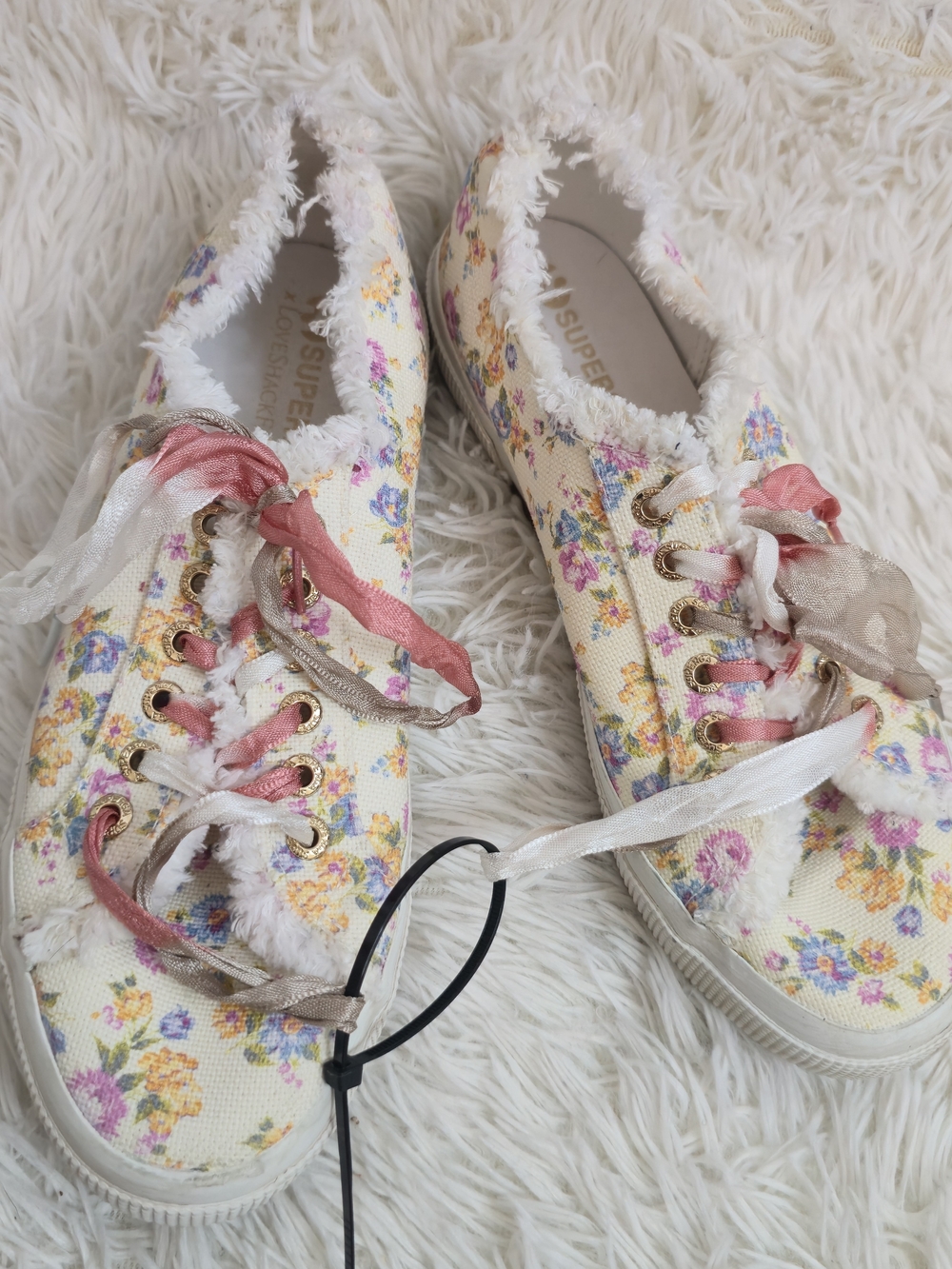 Superga X LoveShackFancy Cream Floral Coquette Canvas Fringe Sneakers - Picture 3 of 14